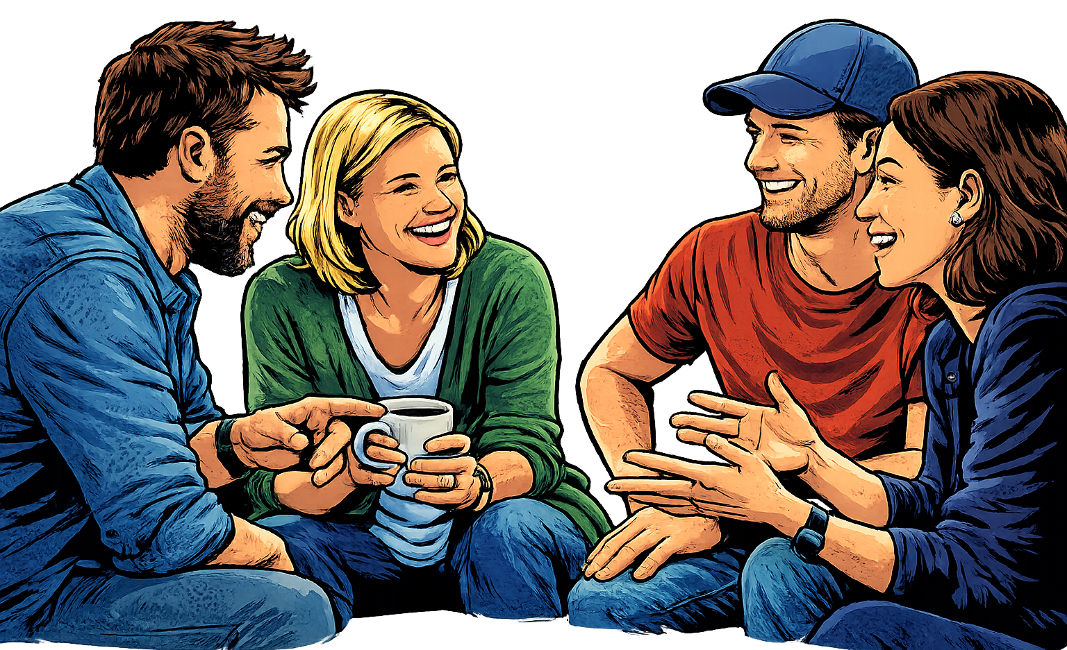 Vier Personen unterhalten sich in kreativer Runde